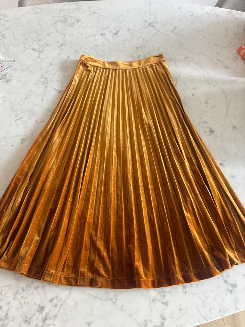 Golden / light orange Velvet Pleated Midi Skirt
